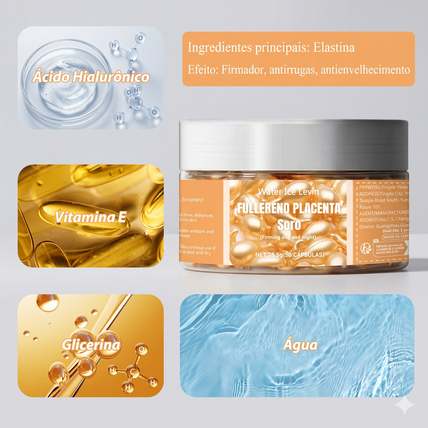 Sérum Facial em Cápsulas Water Ice Levin: Nutrição Intensiva com Ácido Hialurônico e Colágeno – Rejuvenescimento, Clareamento e Firmeza em Dose Única