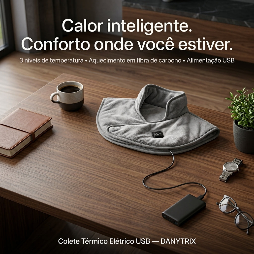 Colete Térmico USB Recarregável - Compressa Quente 3 Níveis de Aquecimento | Faixa Ajustável | Tecido Ultra Macio