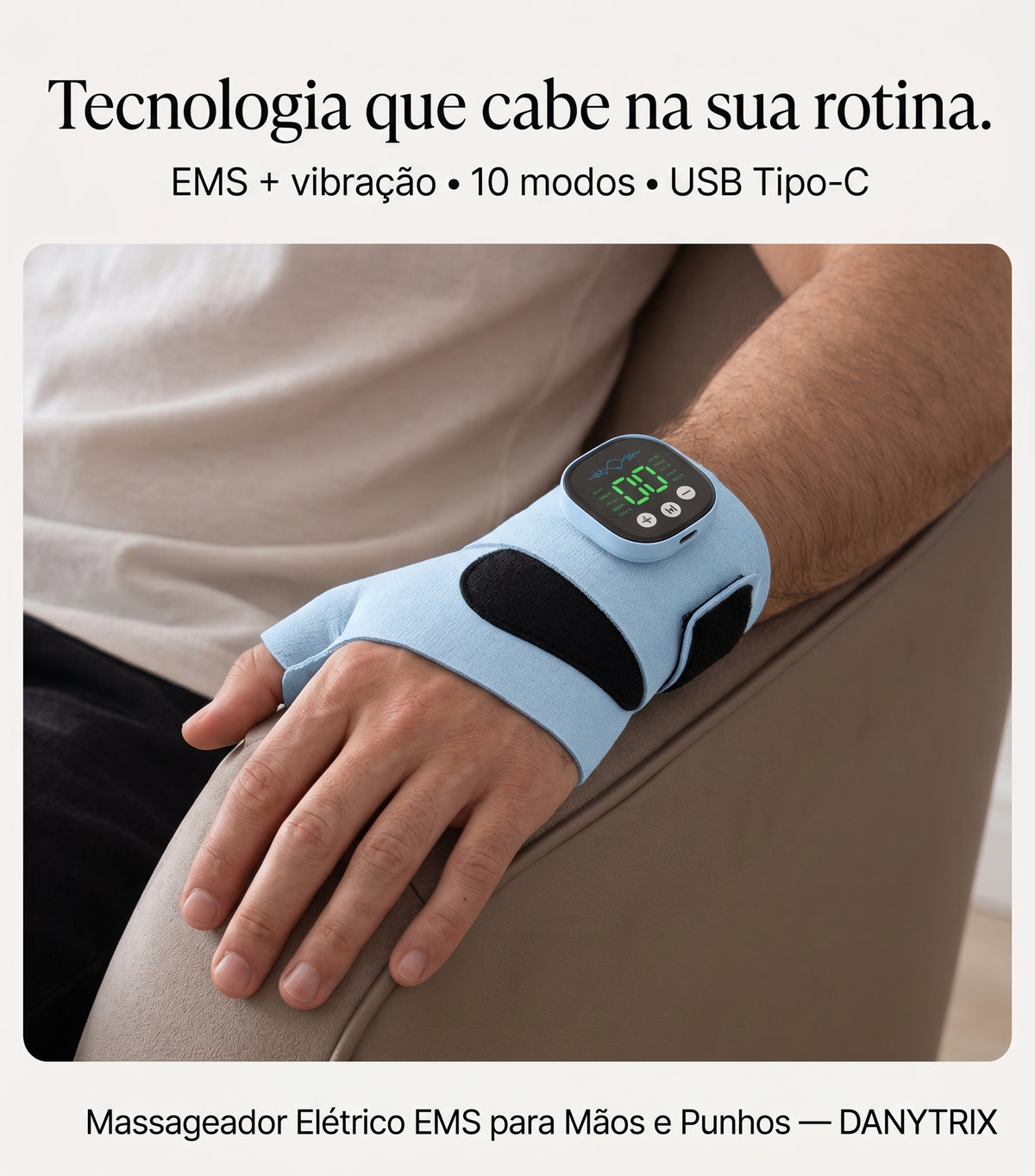 Massageador Elétrico EMS para Mãos e Punhos sem Fio | 10 Modos de Massagem | Vibração Relaxante | Recarregável USB-C | Alívio da Fadiga Muscular