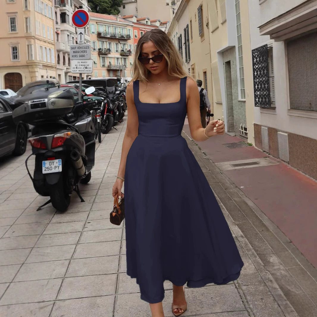 VESTIDO FEMININO ÉVASÉ VERÃO: DECOTE QUADRADO ELEGANTE, CINTURA AJUSTÁVEL E ESTILO EUROPEU.
