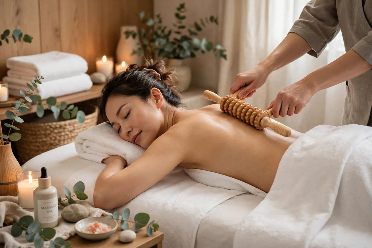 Massageador Corporal de Madeira para Liberação Miofascial | Rolo Manual com 9 Esferas | Anticelulite e Relaxamento Muscular
