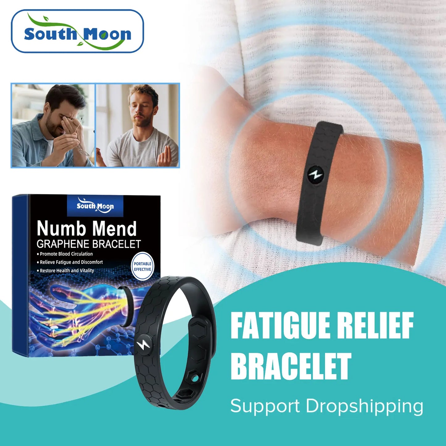 Pulseira de Terapia Energética South Moon: Alívio para Artrite, Dormência e Fadiga – Conforto Anatômico e Estímulo à Circulação