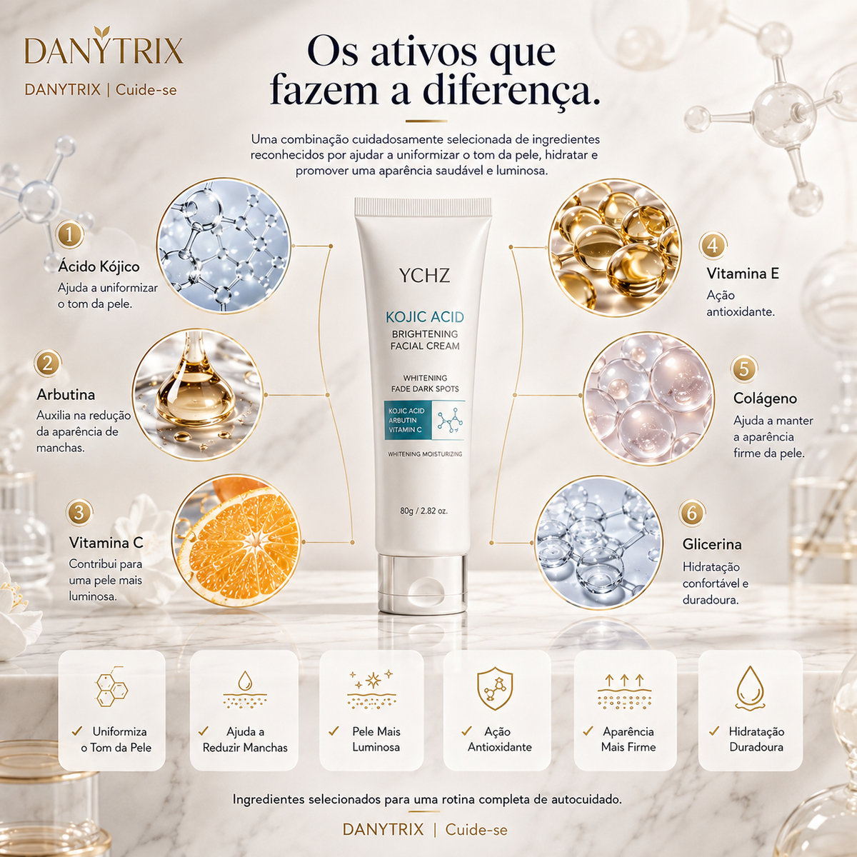 Creme Facial de Ácido Kójico YCHZ: Uniformização do Tom, Eliminação de Manchas e Controle de Oleosidade – Tratamento Clareador e Hidratante para o Dia e Noite