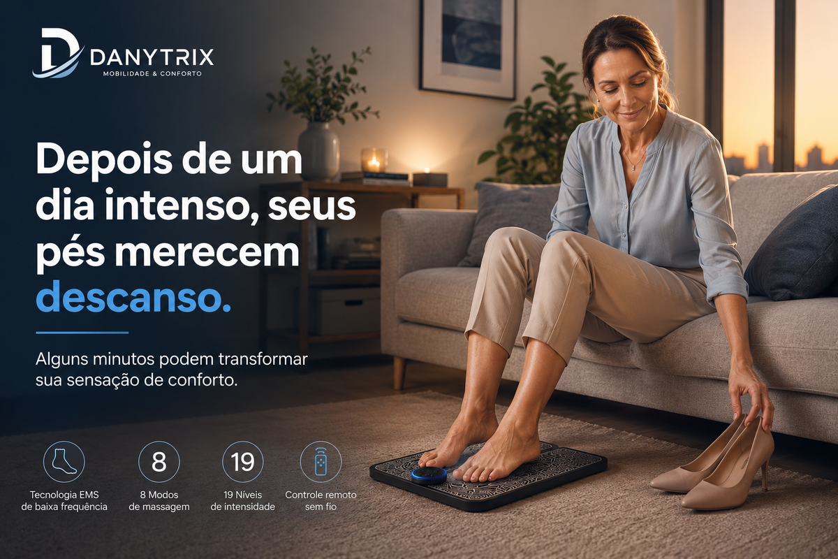 Massageador Elétrico EMS para Pés com Controle Remoto | 8 Modos e 19 Intensidades | Tapete Massageador Recarregável USB