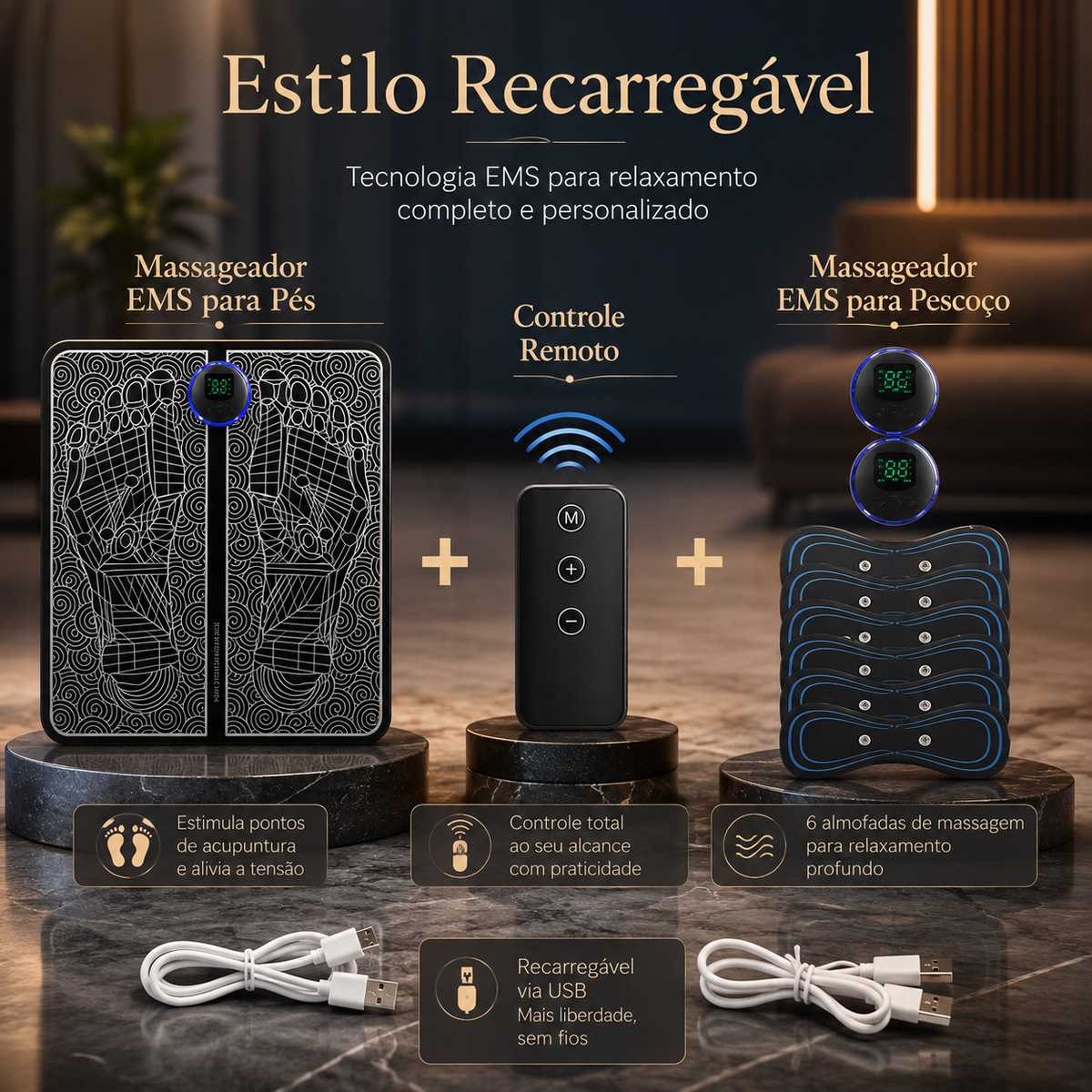 Massageador Elétrico EMS para Pés com Controle Remoto | 8 Modos e 19 Intensidades | Tapete Massageador Recarregável USB