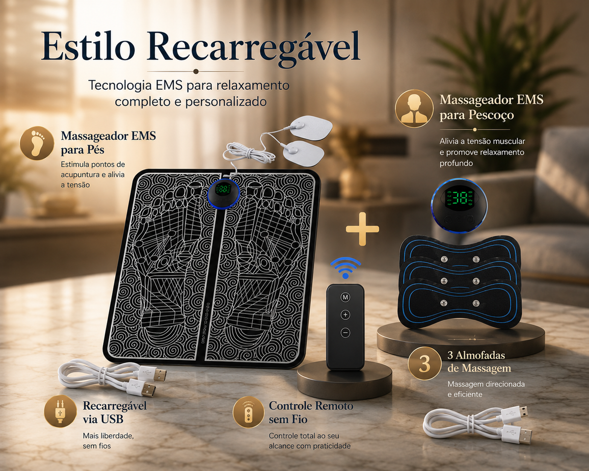 Massageador Elétrico EMS para Pés com Controle Remoto | 8 Modos e 19 Intensidades | Tapete Massageador Recarregável USB