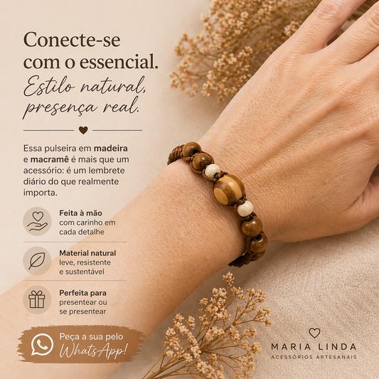 PULSEIRA EM MACRAMÊ E MADEIRA - ARTESANAL FEITA À MÃO