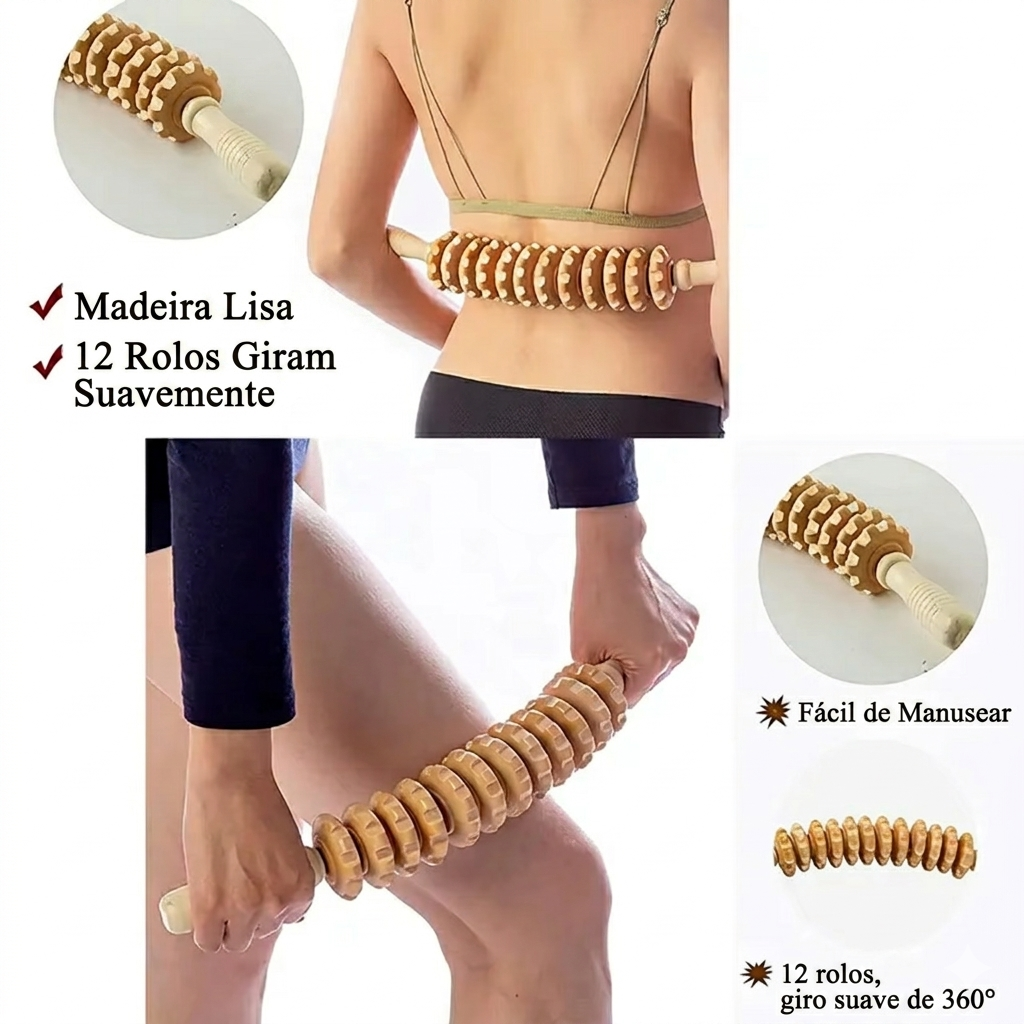 Massageador Corporal de Madeira para Liberação Miofascial | Rolo Manual com 9 Esferas | Anticelulite e Relaxamento Muscular