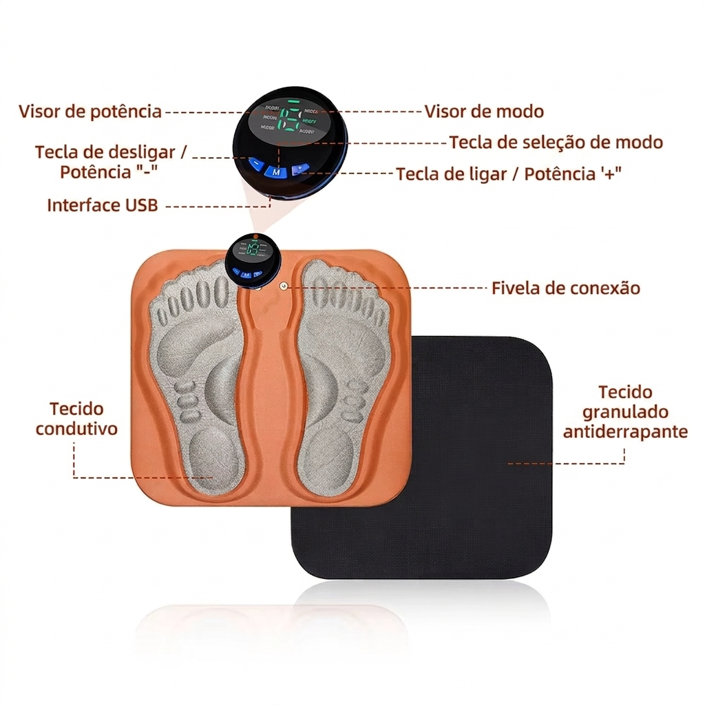 Massageador Inteligente 3D para Pés EMS | 6 Modos e 15 Intensidades | Tapete Elétrico Recarregável USB para Relaxamento dos Pés