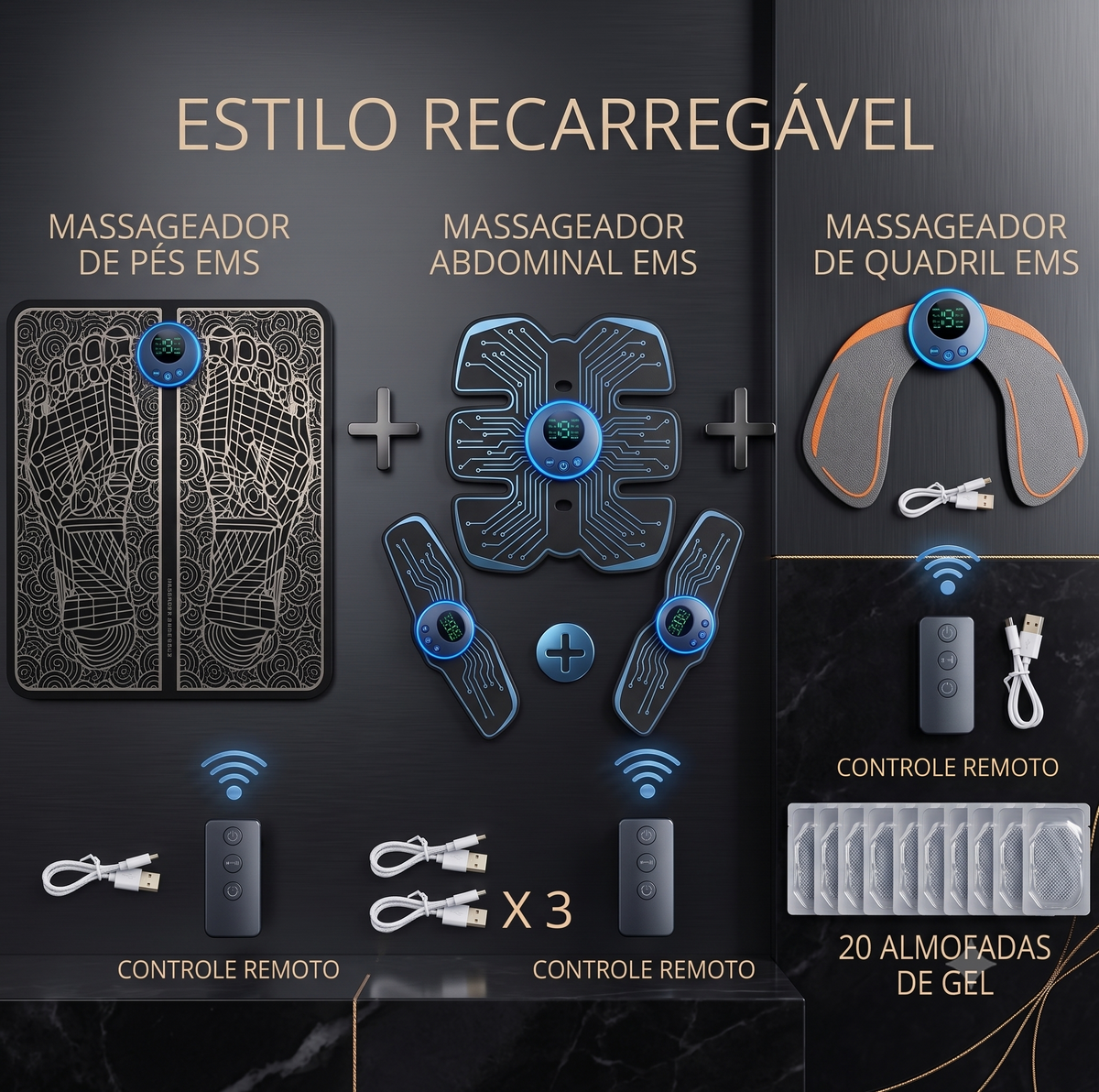 Massageador Elétrico EMS para Pés com Controle Remoto | 8 Modos e 19 Intensidades | Tapete Massageador Recarregável USB