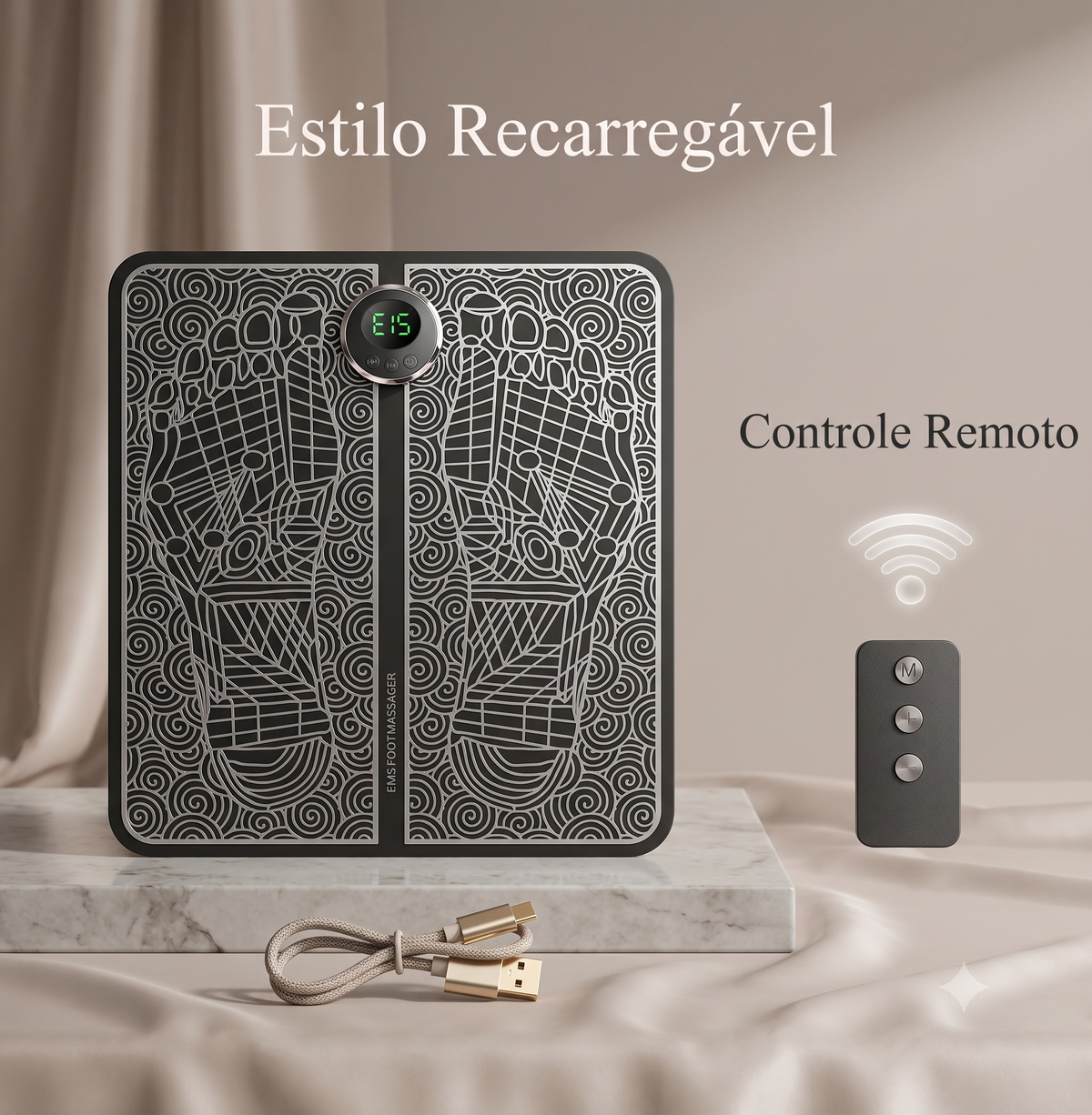 Massageador Elétrico EMS para Pés com Controle Remoto | 8 Modos e 19 Intensidades | Tapete Massageador Recarregável USB