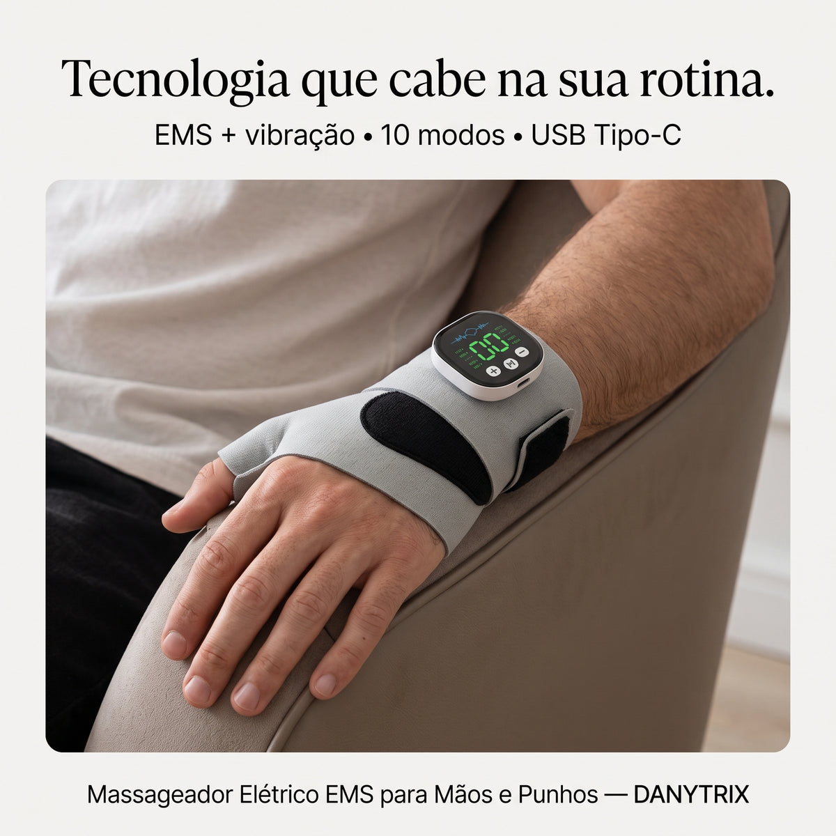 Massageador Elétrico EMS para Mãos e Punhos sem Fio | 10 Modos de Massagem | Vibração Relaxante | Recarregável USB-C | Alívio da Fadiga Muscular