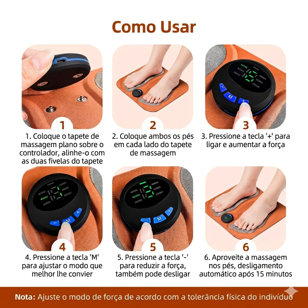 Massageador Inteligente 3D para Pés EMS | 6 Modos e 15 Intensidades | Tapete Elétrico Recarregável USB para Relaxamento dos Pés