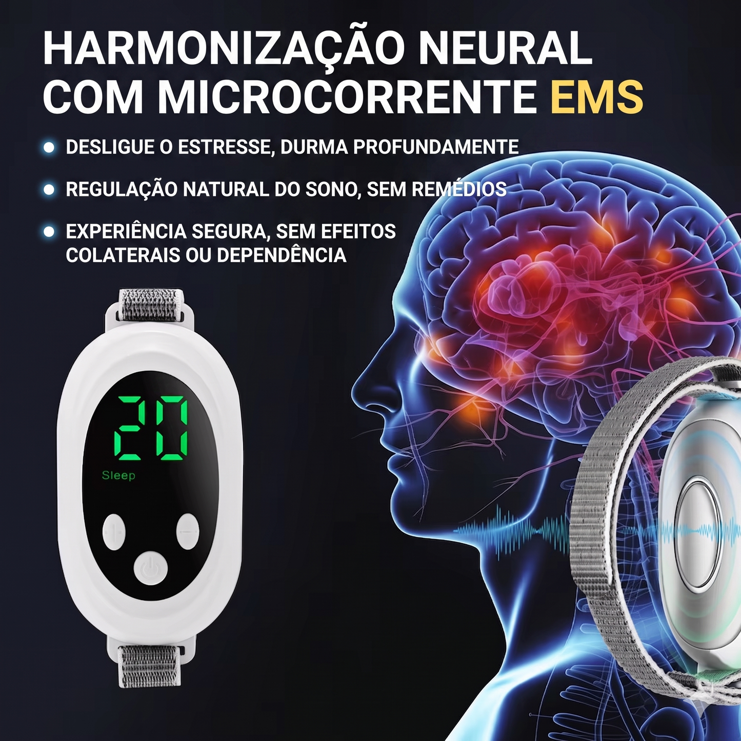 Pulseira Inteligente Relaxante por Microcorrente | 2 Modos e 20 Intensidades | Recarregável USB-C | Auxilia no Relaxamento e Bem-Estar
