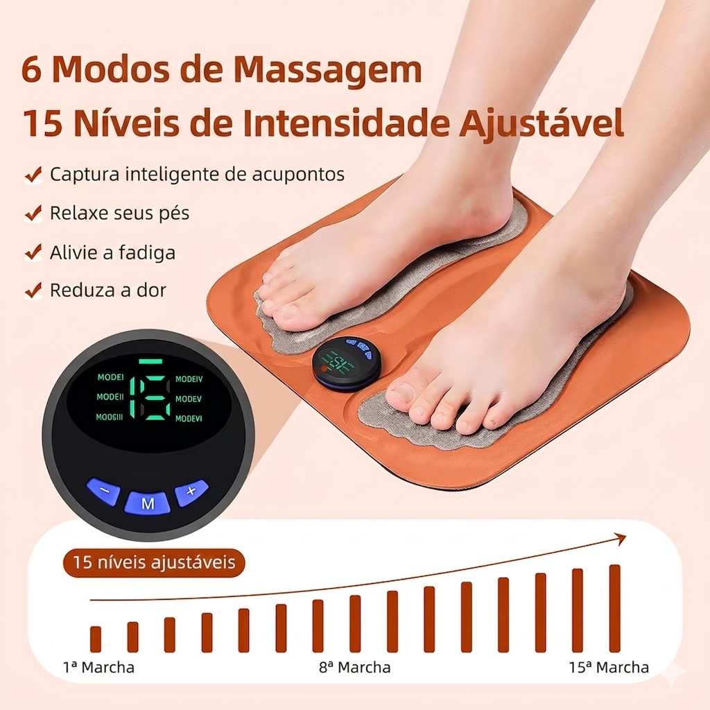 Massageador Inteligente 3D para Pés EMS | 6 Modos e 15 Intensidades | Tapete Elétrico Recarregável USB para Relaxamento dos Pés