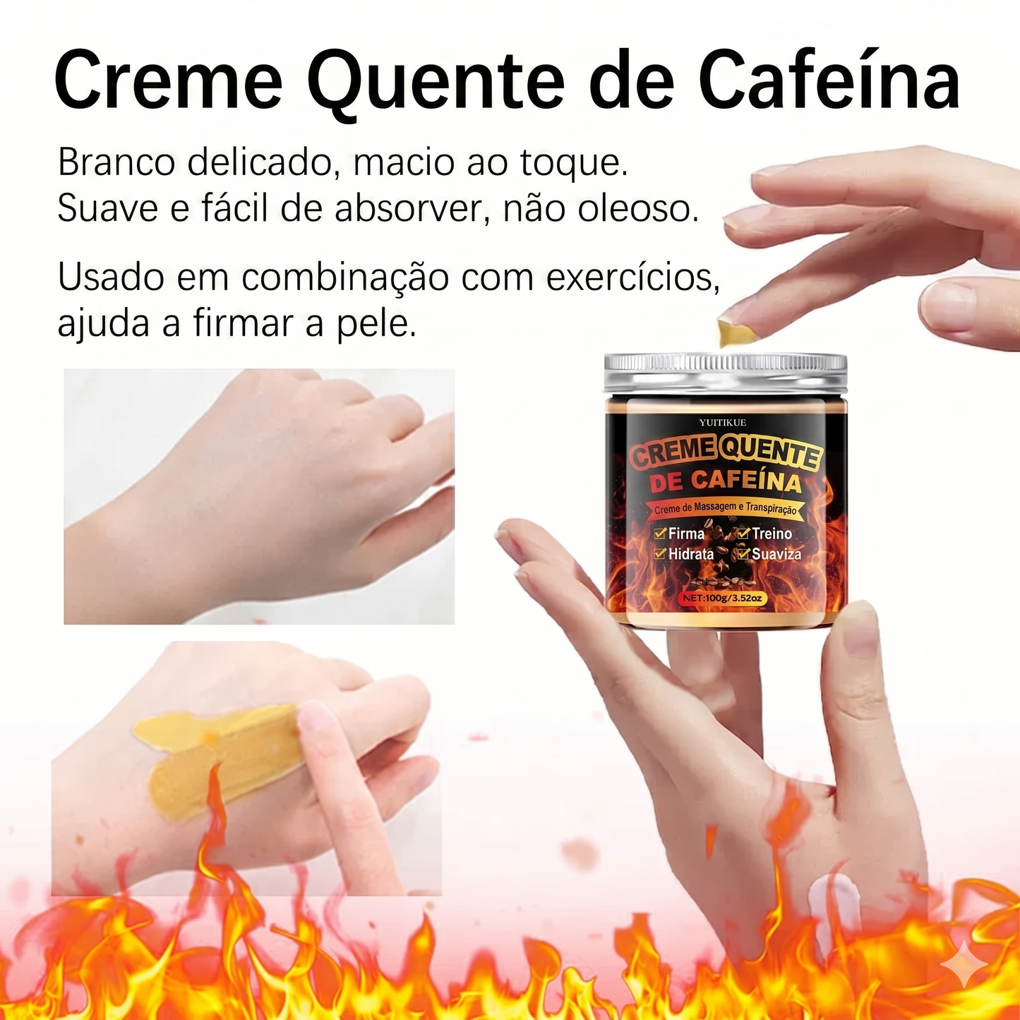 Creme Termogênico Caffeine Hot Cream YUITIKUE: Ação Firmadora, Hidratação Profunda e Potencializador de Treino – Tecnologia com Colágeno e Retinol