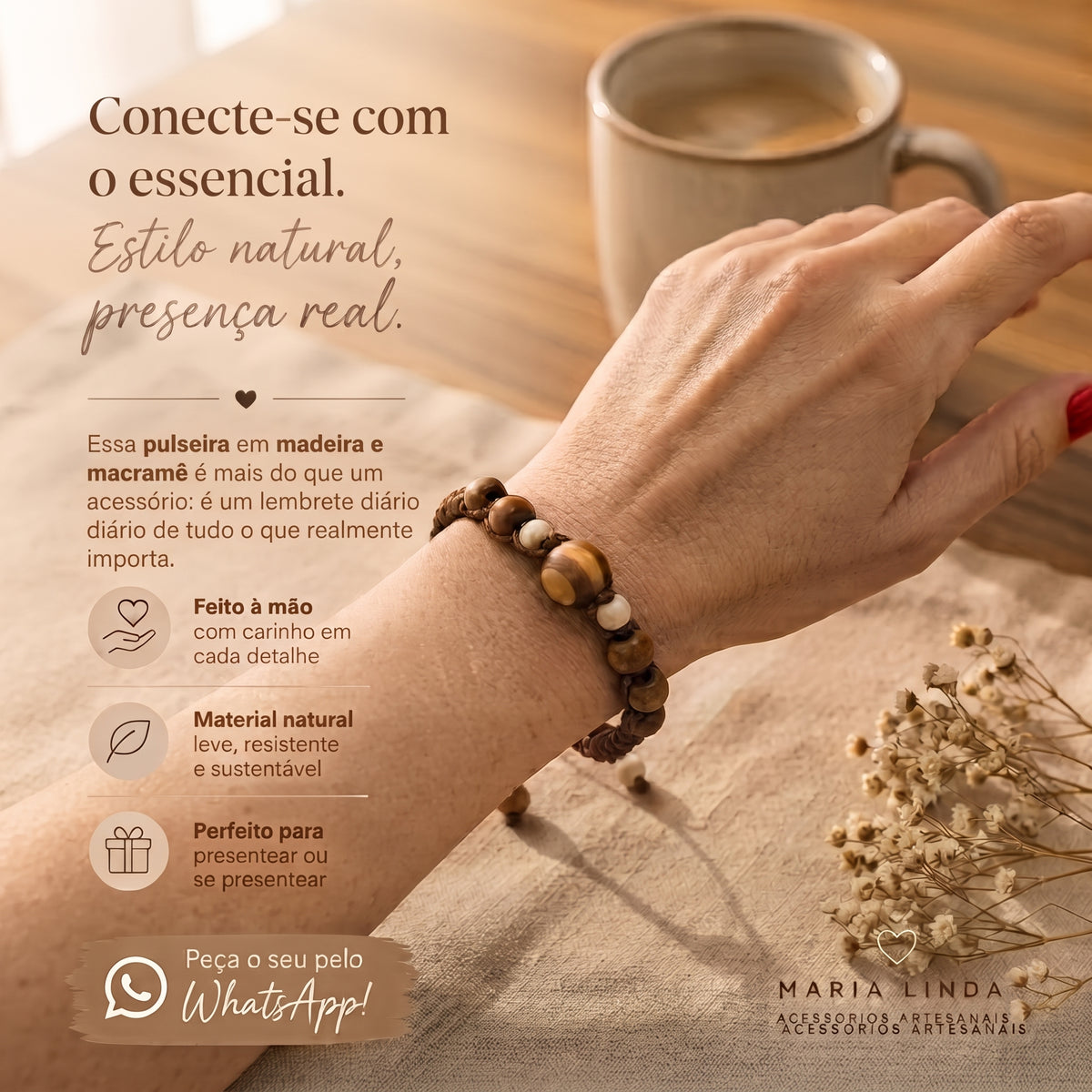 PULSEIRA EM MACRAMÊ E MADEIRA - ARTESANAL FEITA À MÃO