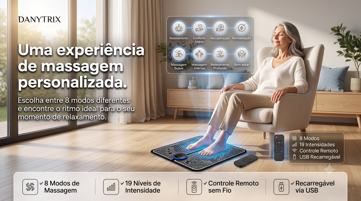 Massageador Elétrico EMS para Pés com Controle Remoto | 8 Modos e 19 Intensidades | Tapete Massageador Recarregável USB