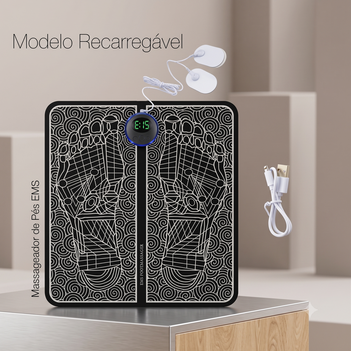 Massageador Elétrico EMS para Pés com Controle Remoto | 8 Modos e 19 Intensidades | Tapete Massageador Recarregável USB