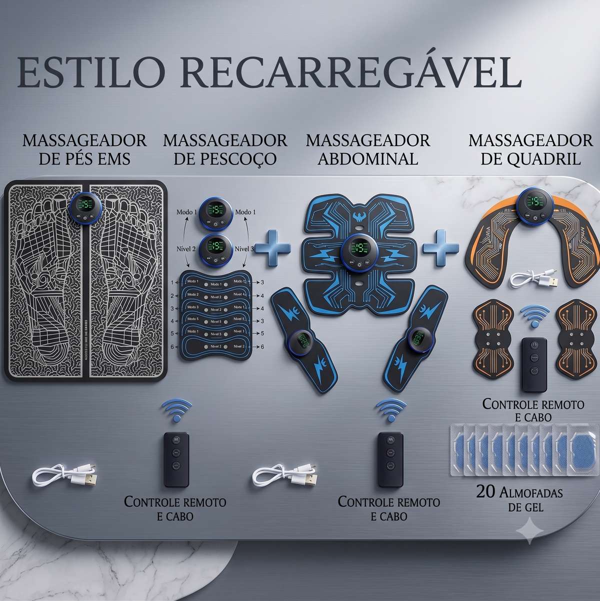 Massageador Elétrico EMS para Pés com Controle Remoto | 8 Modos e 19 Intensidades | Tapete Massageador Recarregável USB