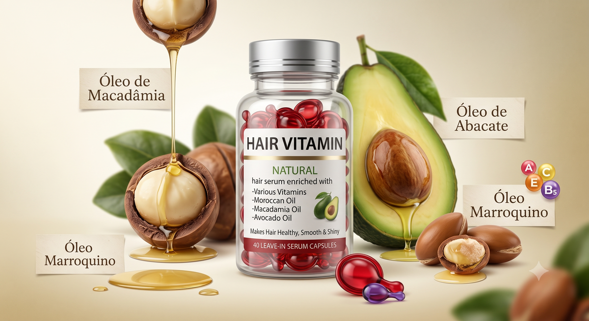 Óleo Marroquino Argan com Vitaminas | Nutrição Profunda, Brilho Radiante e Recuperação dos Fios Danificados - 40 Cápsulass