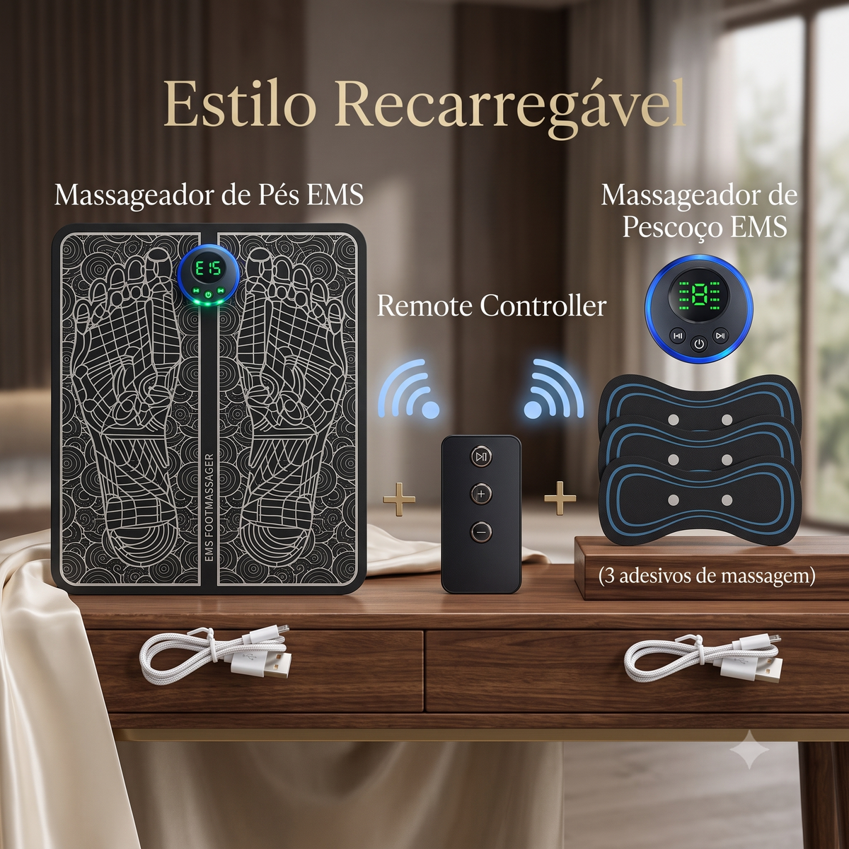 Massageador Elétrico EMS para Pés com Controle Remoto | 8 Modos e 19 Intensidades | Tapete Massageador Recarregável USB