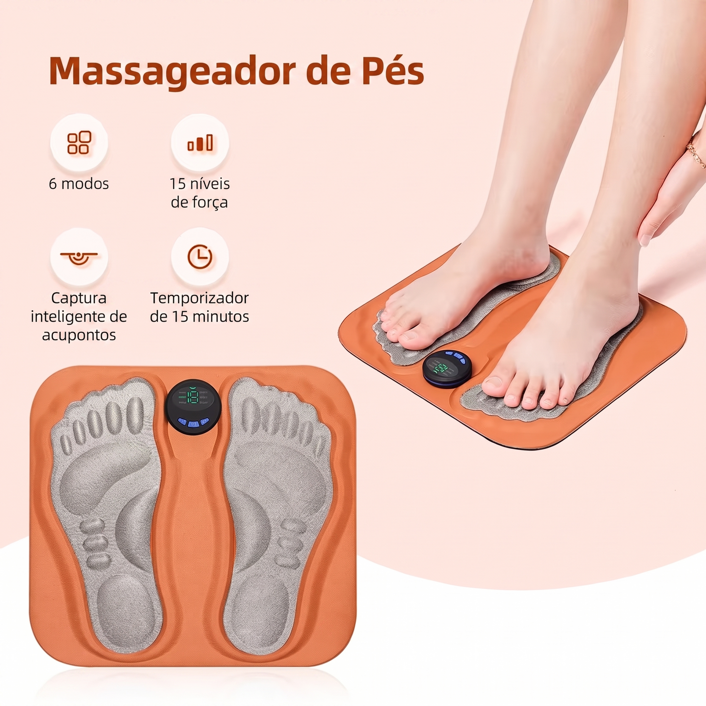 Massageador Inteligente 3D para Pés EMS | 6 Modos e 15 Intensidades | Tapete Elétrico Recarregável USB para Relaxamento dos Pés