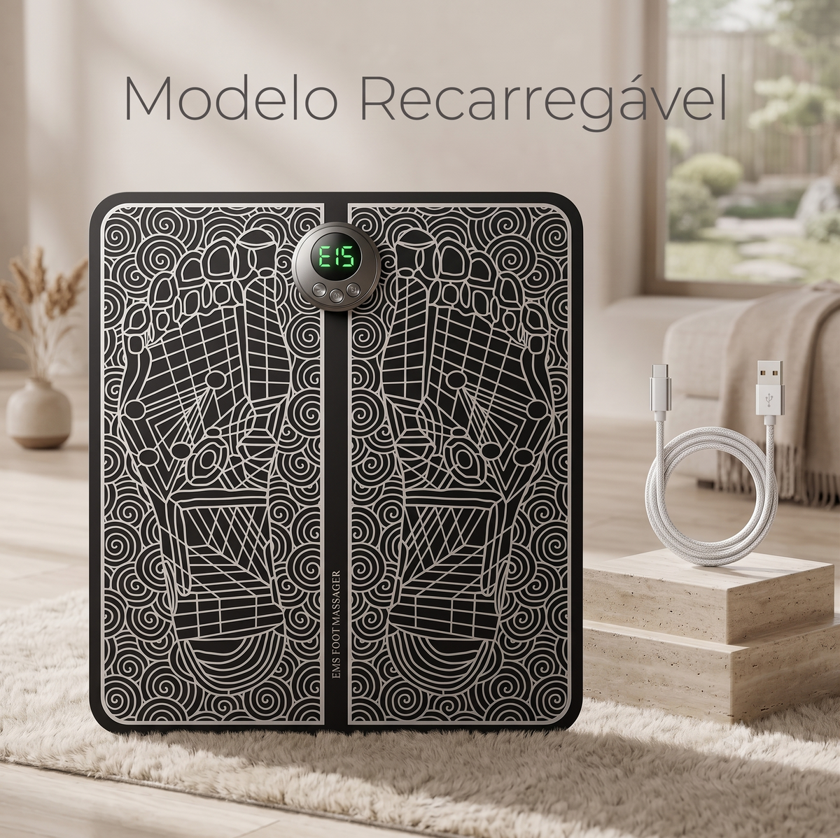 Massageador Elétrico EMS para Pés com Controle Remoto | 8 Modos e 19 Intensidades | Tapete Massageador Recarregável USB
