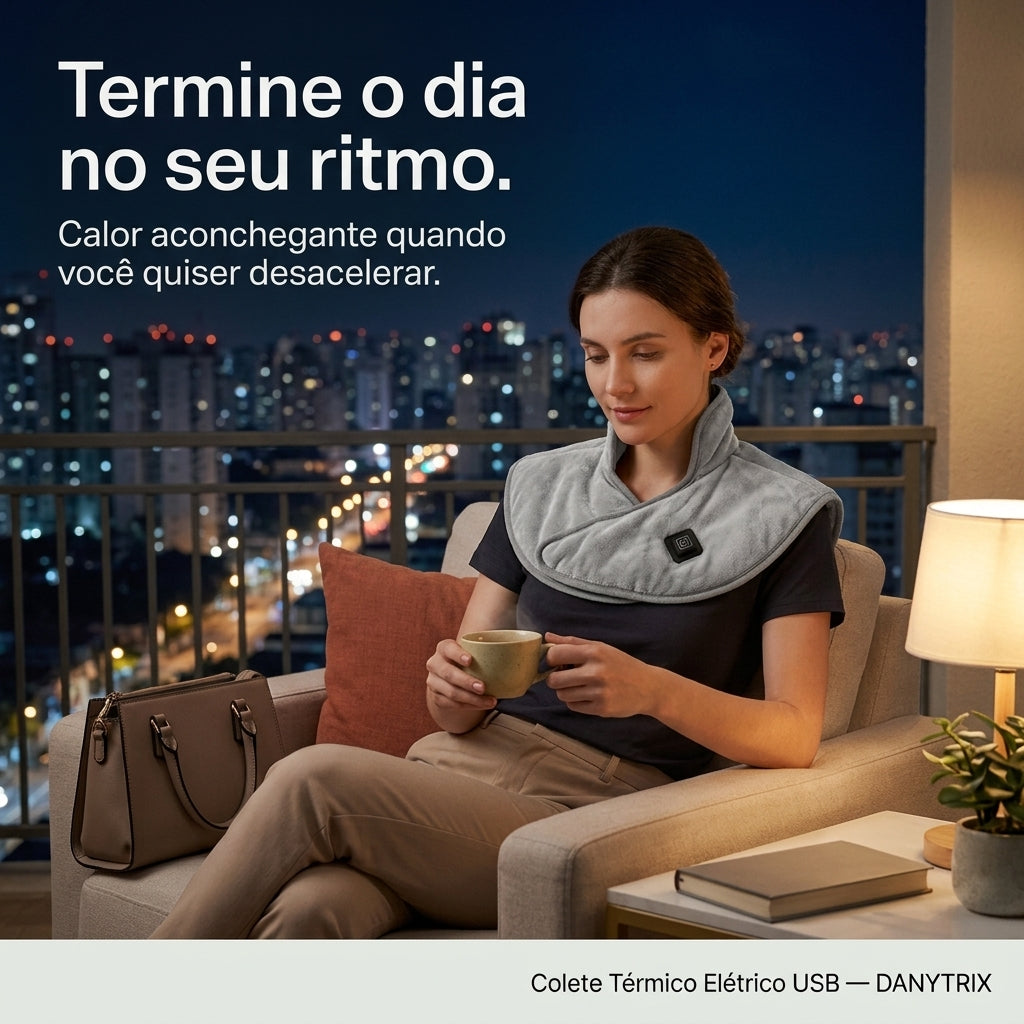Colete Térmico USB Recarregável  - Compressa Quente 3 Níveis de Aquecimento | Faixa Ajustável | Tecido Ultra Macio