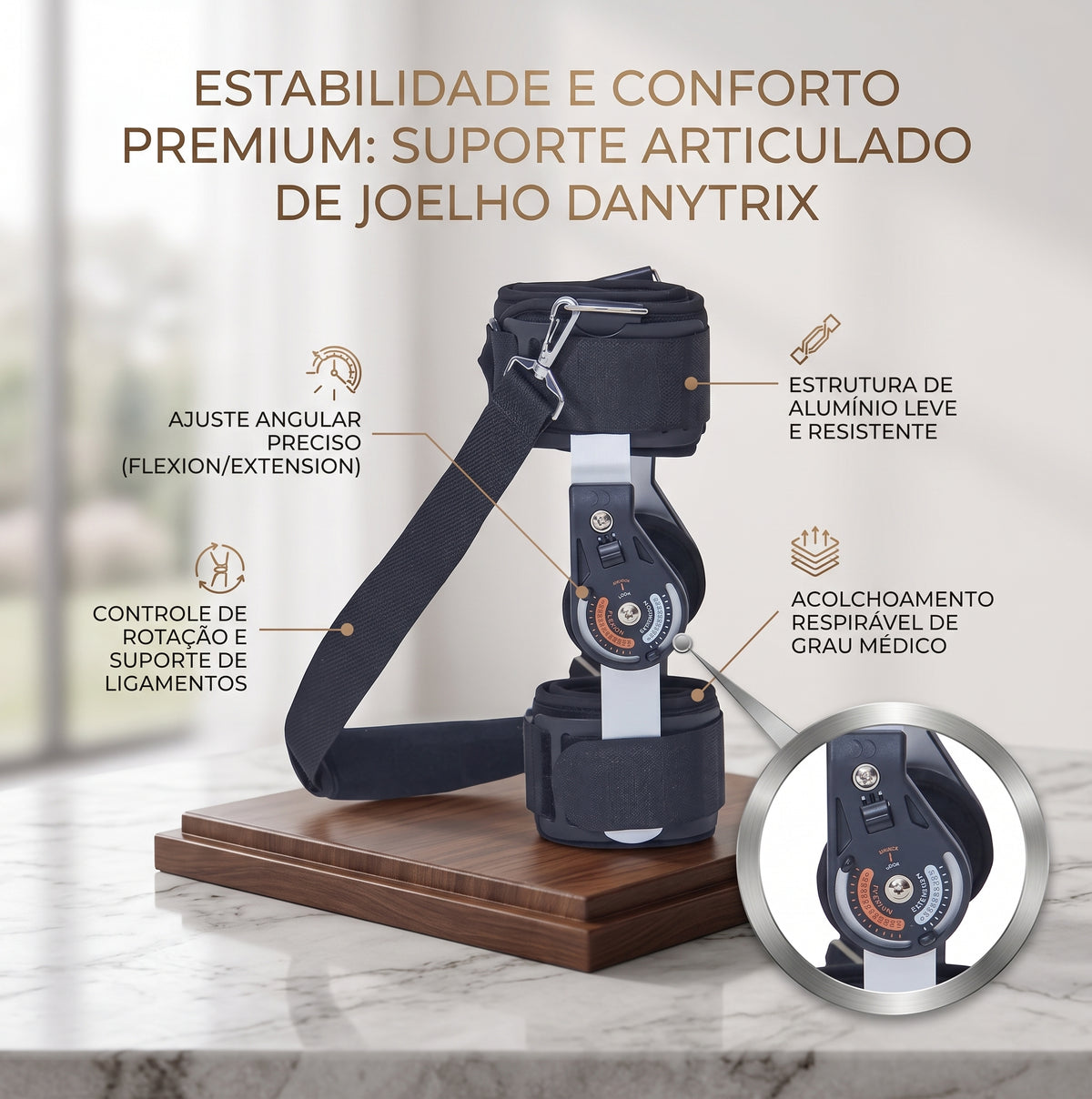 Suporte Articulado para Joelho com Trava e Ajuste Angular – Estabilizador de Perna com Estrutura Reforçada