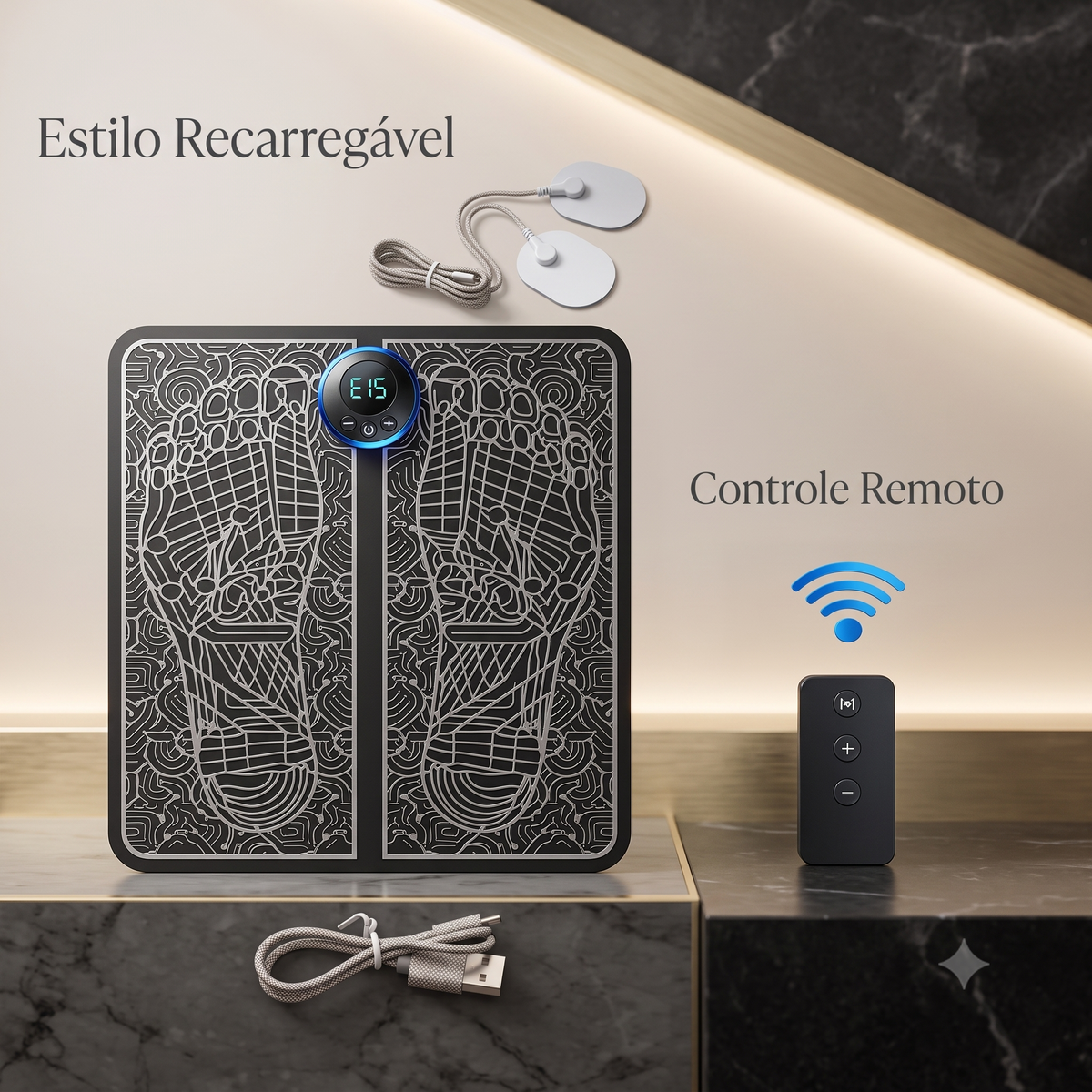 Massageador Elétrico EMS para Pés com Controle Remoto | 8 Modos e 19 Intensidades | Tapete Massageador Recarregável USB