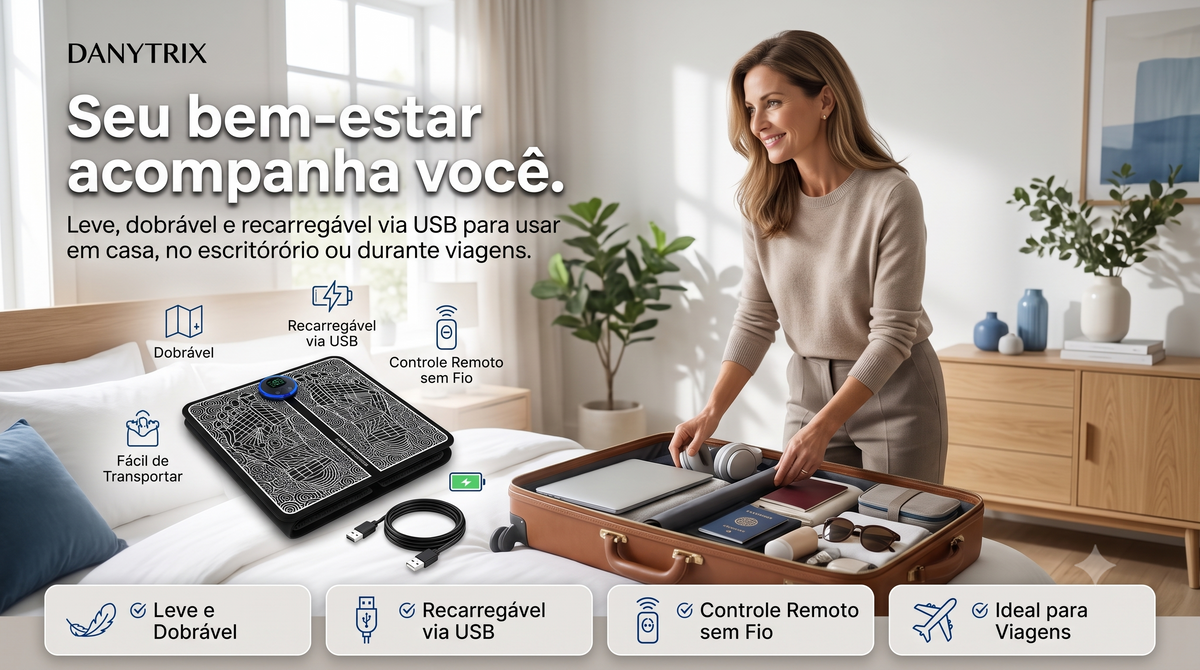 Massageador Elétrico EMS para Pés com Controle Remoto | 8 Modos e 19 Intensidades | Tapete Massageador Recarregável USB