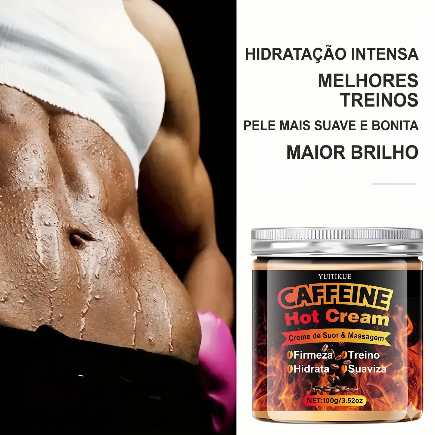 Creme Termogênico Caffeine Hot Cream YUITIKUE: Ação Firmadora, Hidratação Profunda e Potencializador de Treino – Tecnologia com Colágeno e Retinol