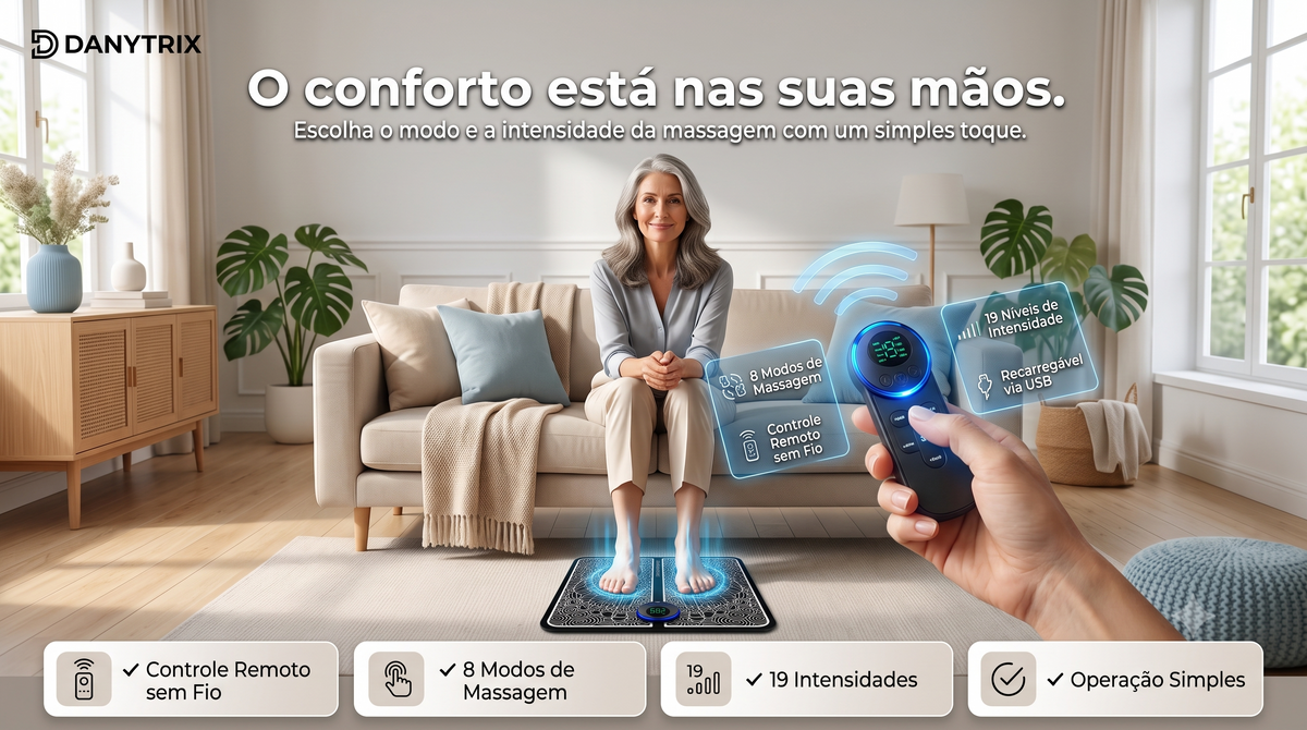 Massageador Elétrico EMS para Pés com Controle Remoto | 8 Modos e 19 Intensidades | Tapete Massageador Recarregável USB