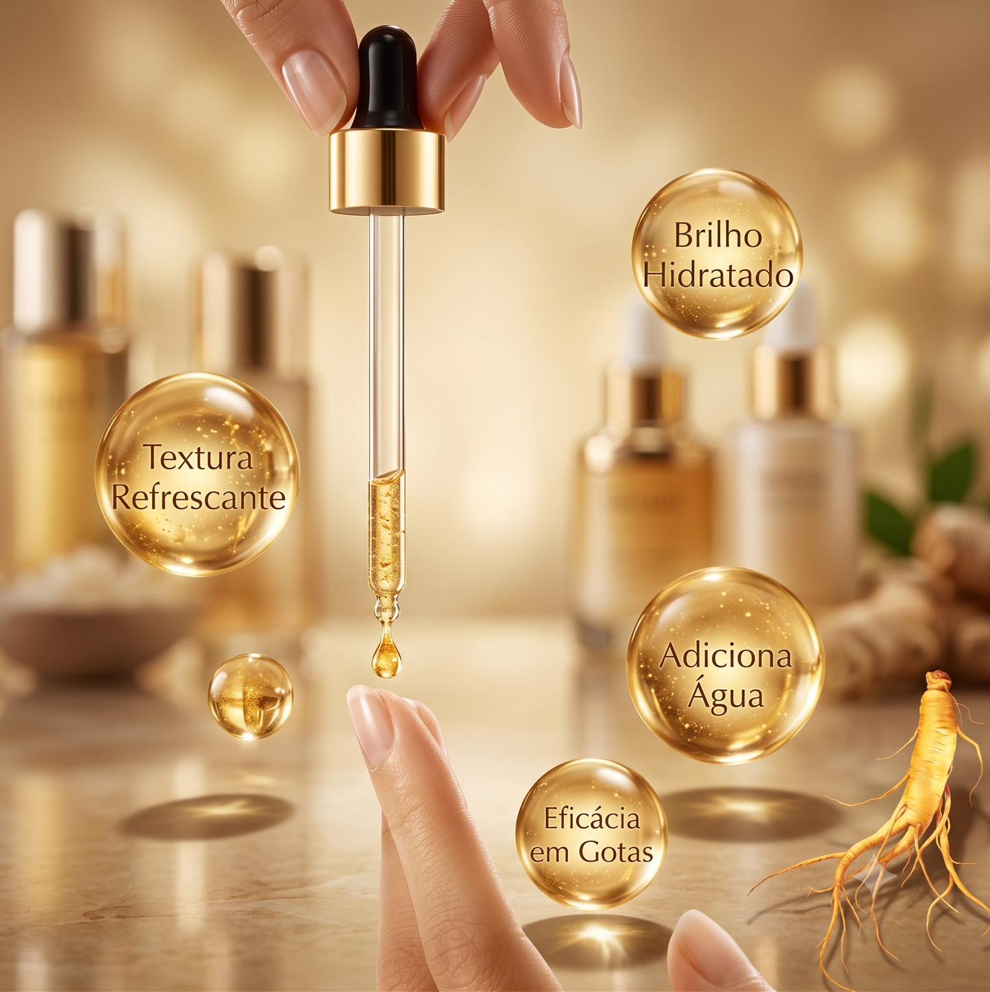 Sérum Facial 24K com Ouro Cosmético, Ácido Hialurônico e Niacinamida | Hidratação, Luminosidade e Firmeza – 100ml