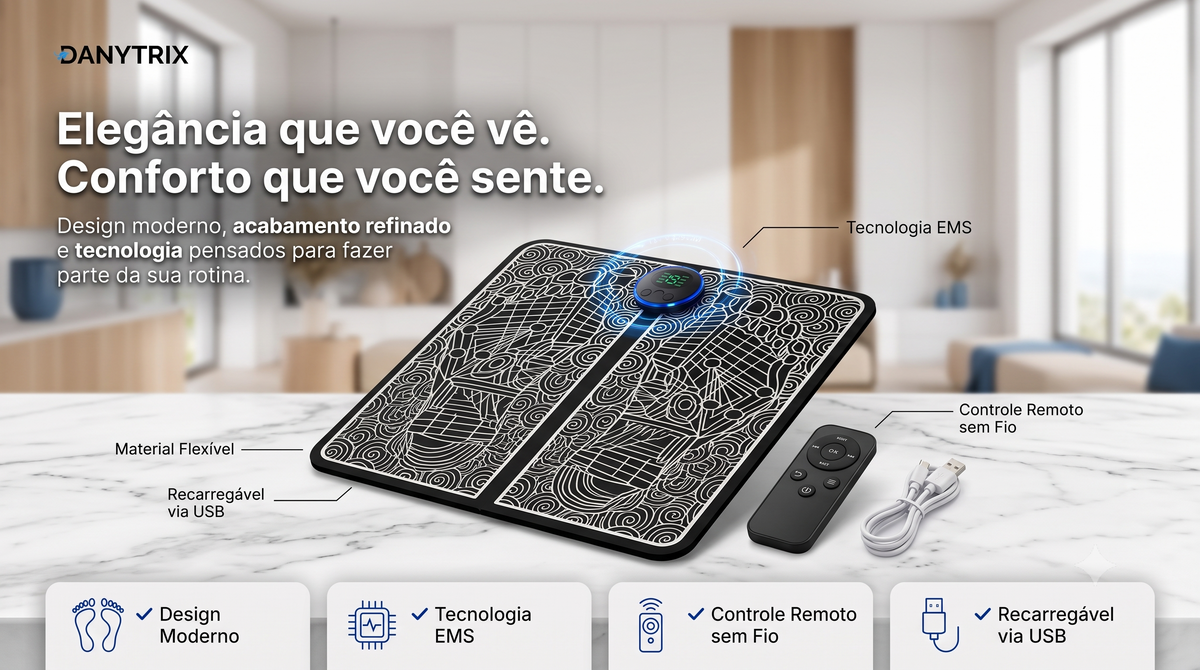 Massageador Elétrico EMS para Pés com Controle Remoto | 8 Modos e 19 Intensidades | Tapete Massageador Recarregável USB