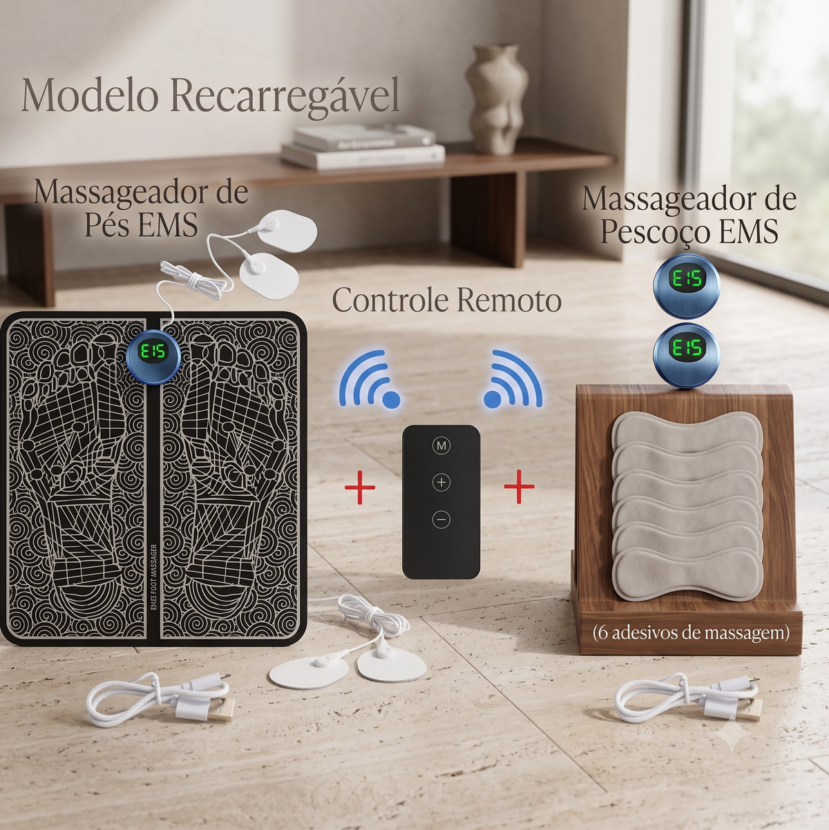 Massageador Elétrico EMS para Pés com Controle Remoto | 8 Modos e 19 Intensidades | Tapete Massageador Recarregável USB