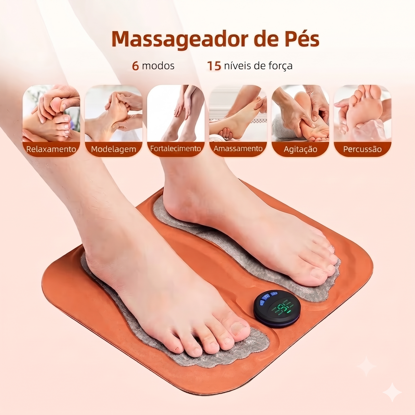 Massageador Inteligente 3D para Pés EMS | 6 Modos e 15 Intensidades | Tapete Elétrico Recarregável USB para Relaxamento dos Pés