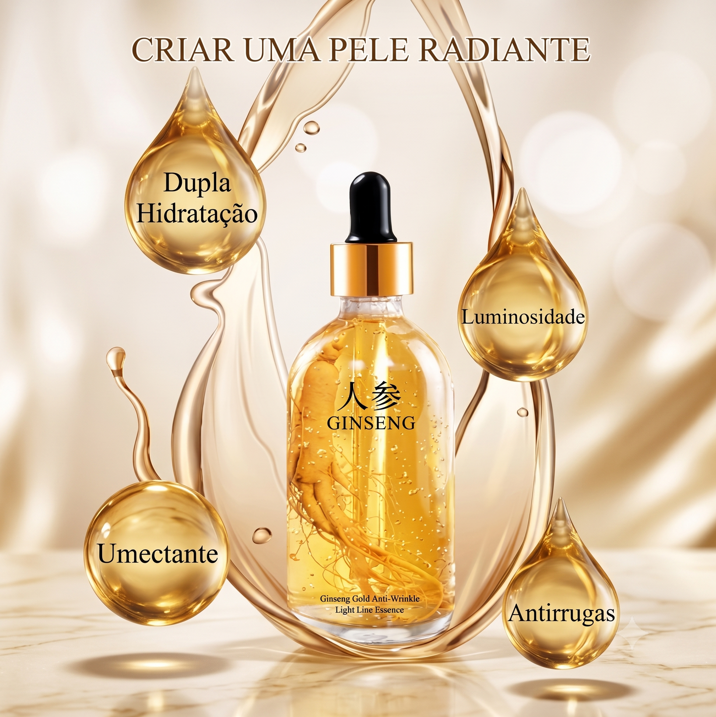 Sérum Facial 24K com Ouro Cosmético, Ácido Hialurônico e Niacinamida | Hidratação, Luminosidade e Firmeza – 100ml
