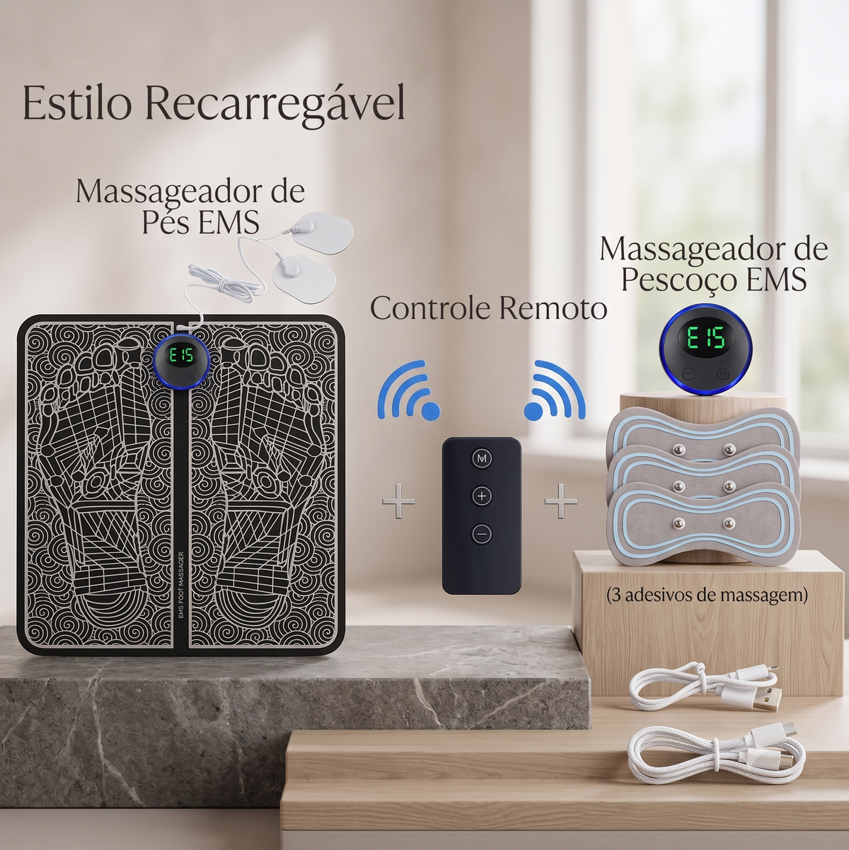 Massageador Elétrico EMS para Pés com Controle Remoto | 8 Modos e 19 Intensidades | Tapete Massageador Recarregável USB
