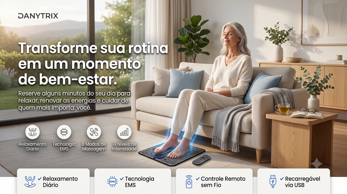 Massageador Elétrico EMS para Pés com Controle Remoto | 8 Modos e 19 Intensidades | Tapete Massageador Recarregável USB