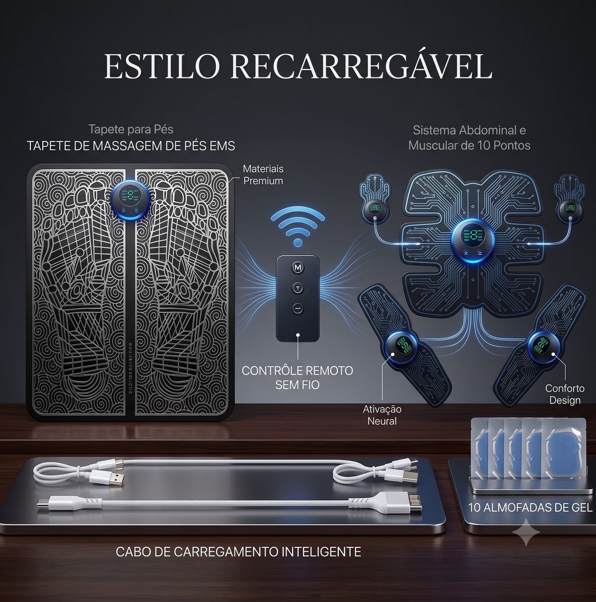 Massageador Elétrico EMS para Pés com Controle Remoto | 8 Modos e 19 Intensidades | Tapete Massageador Recarregável USB