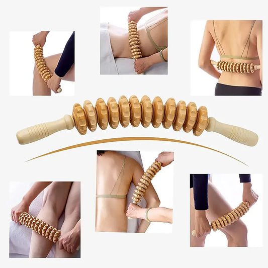 Massageador Corporal de Madeira para Liberação Miofascial | Rolo Manual com 9 Esferas | Anticelulite e Relaxamento Muscular