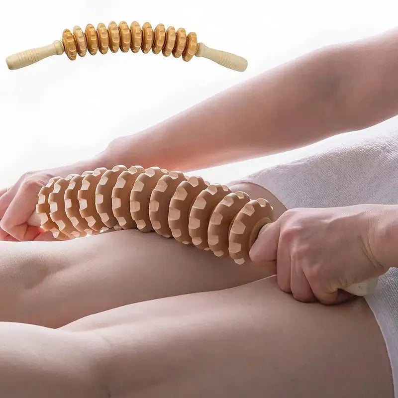 Massageador Corporal de Madeira para Liberação Miofascial | Rolo Manual com 9 Esferas | Anticelulite e Relaxamento Muscular