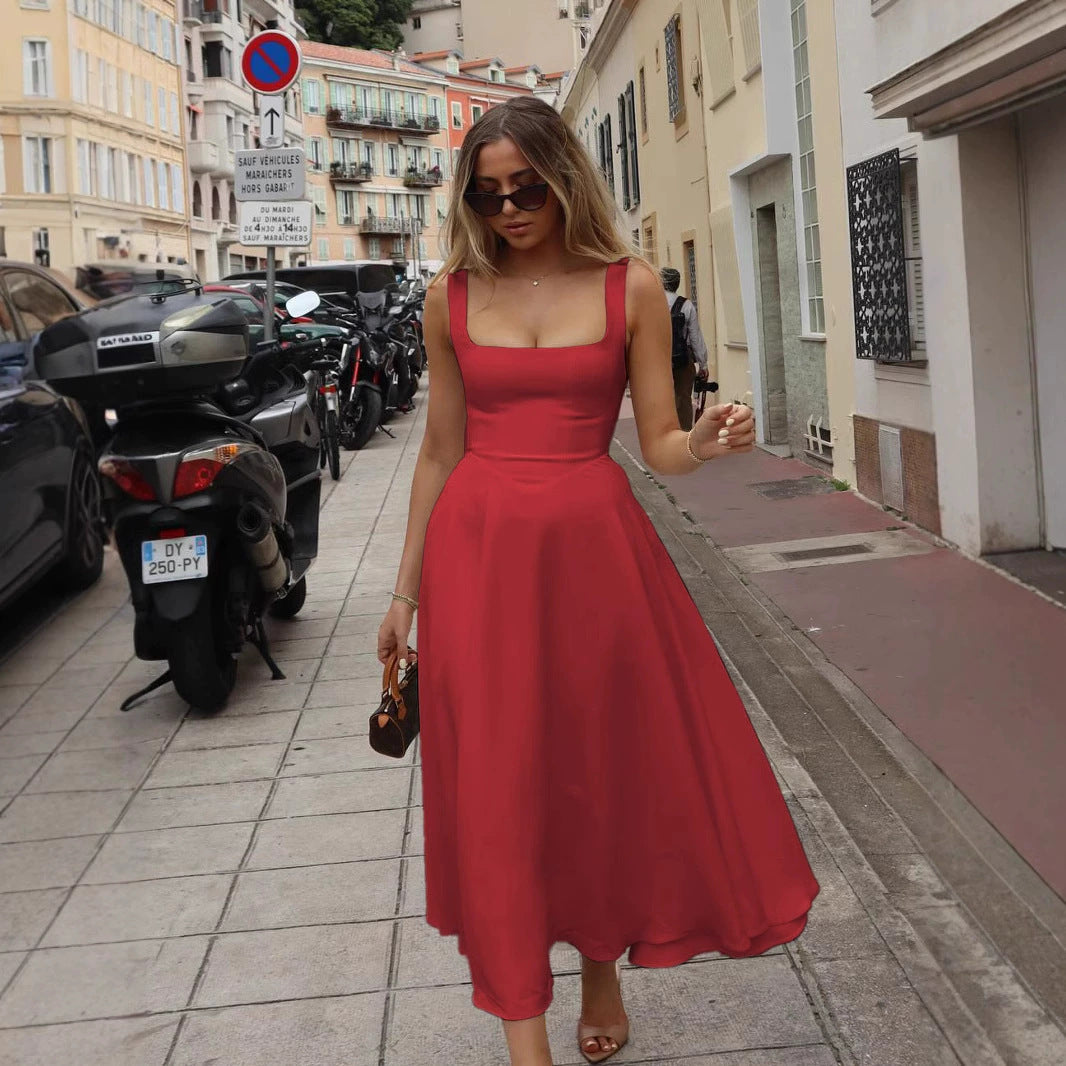 VESTIDO FEMININO ÉVASÉ VERÃO: DECOTE QUADRADO ELEGANTE, CINTURA AJUSTÁVEL E ESTILO EUROPEU.