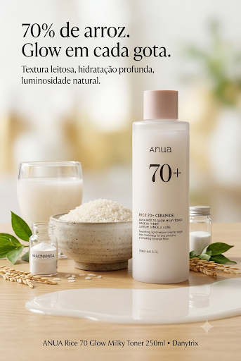 ANUA Rice 70 Glow Milky Toner 250ml – Tônico Facial Hidratante e Iluminador
Com 70% de extrato de arroz e niacinamida para uma pele hidratada, macia e naturalmente luminosa.