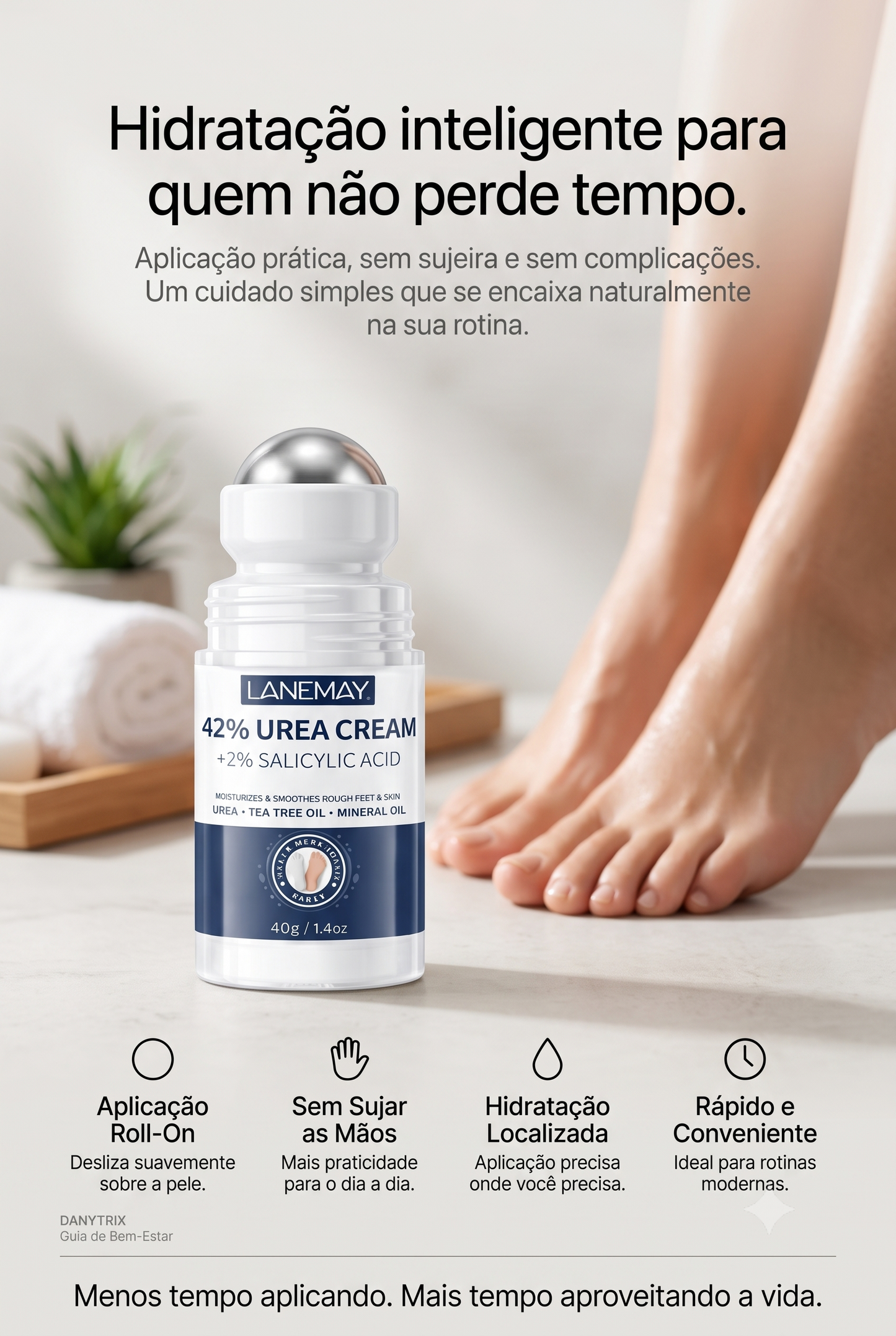 Roll-On Hidratante para Pés com 42% de Ureia e Ácido Salicílico | Hidratação Intensiva para Pés Ressecados e Ásperos